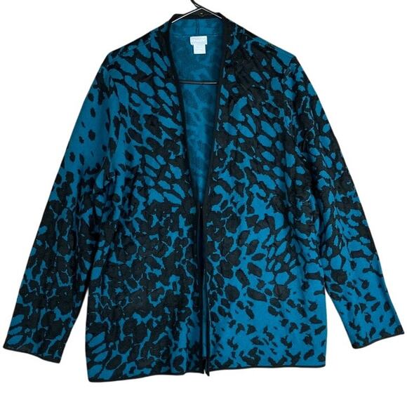 Chicos Womens Sweater Teal Black Knit Cardigan Open Front Long Sleeve Stretch 1 - Picture 1 of 12